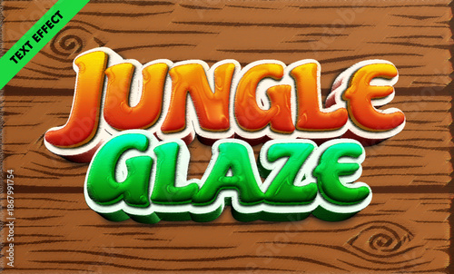 Jungle glaze editable text effect - Bold 3d glossy liquid font on wood texture background