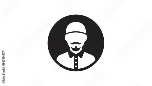 Man with mustache and cap in a black circle simple design.