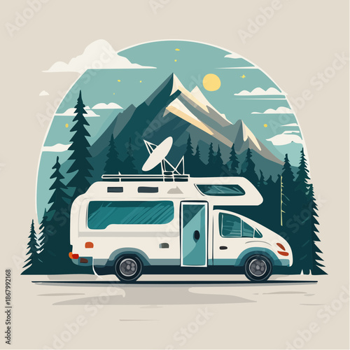 Camper Van Road Trip in Mountains Nature Travel Illustration