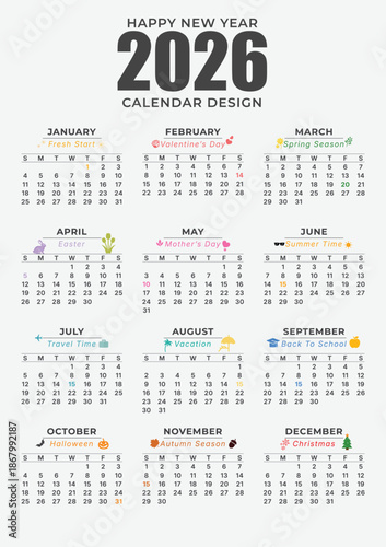 New Year 2026 modern calendar design vector in an isolated white background. 2026 calendar design with holiday and seasonal events element vector. Clean 2026 wall calendar design template. 