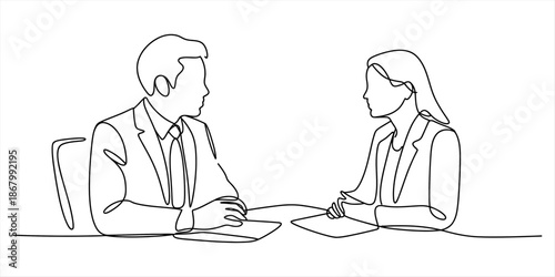 A continuous line drawing illustration of a business meeting between two professionals