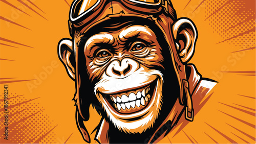 Smiling monkey wearing aviator goggles and a leather helmet.