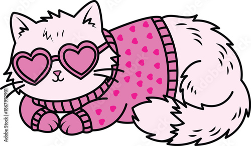 Cute cartoon white cat wearing pink heart shaped sunglasses and polka dot sweater lying down  adorable animal illustration