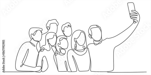 Continuous line art illustration of a group of friends taking a selfie together