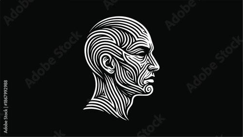 Intricate Line Art Portrait of a Mans Profile on Black Background.
