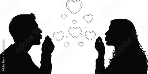 A romantic couple sharing a tender moment with hearts floating between them