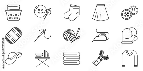 Comprehensive vector line art icon set featuring essential items for laundry, sewing, and clothing, ideal for lifestyle, textile, and domestic-themed graphic design