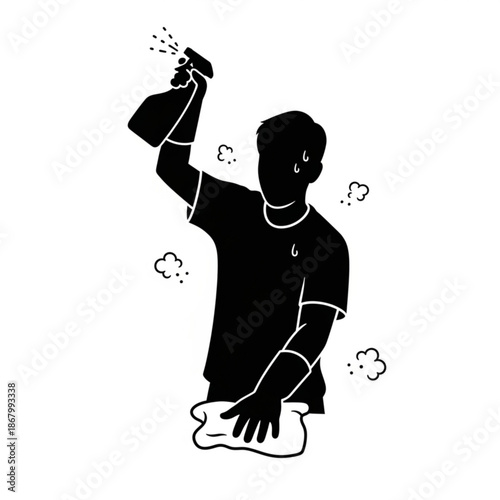 Person cleaning surface with spray bottle and cloth in a domestic environment