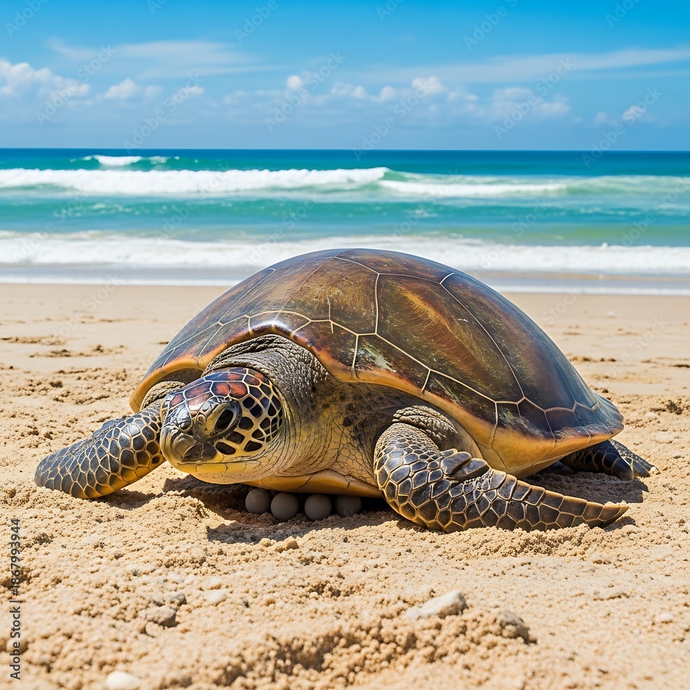 Fototapeta premium Green Sea Turtle on a Sandy Beach with Blue Ocean and Sky in the Background.
