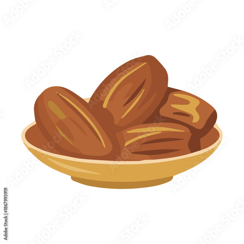 Delicious brown dates in a yellow bowl on a white background