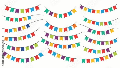 Colorful Party Bunting Flags Hanging on String for Celebration.