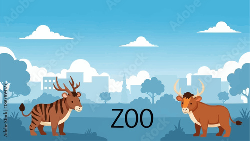 Tiger and Bull Animals in Zoo Illustration.