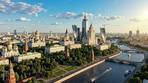 Aerial View of Moscow City Center with Kremlin and Skyscrapers along the River on a Sunny Day