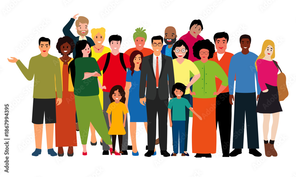 Obraz premium large diverse group of people standing together colorful illustration