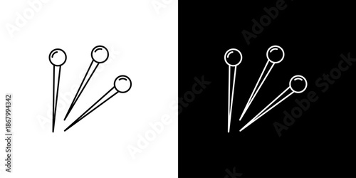 Minimalist icon illustration of three sharp sewing pins with round heads, depicted in a clean line art style suitable for various craft, textile, or office supply designs