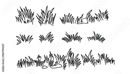Black grass silhouettes. hand drawn lawn tufts. set of doodle grass. hand drawn grass outlines. garden patches. vector illustration