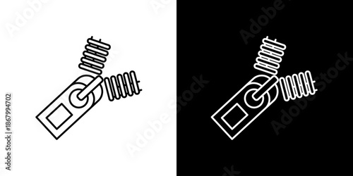 Zipper detail icon illustration, two views, black and white, close-up