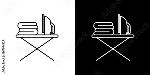Vector line art icon showing an ironing board with an iron and a stack of folded clothes, representing laundry tasks, garment care, and domestic activities