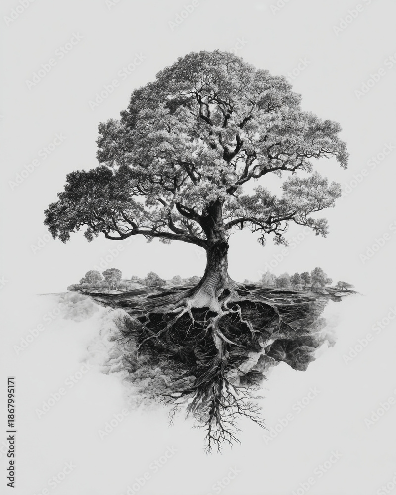 Fototapeta premium Intricate Black and White Sketch of a Tree with Deep Root System