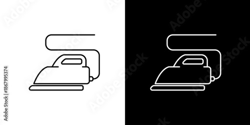 Minimalist graphic icon of a household electric iron with a cord, symbolizing laundry tasks and garment pressing in a modern line art design