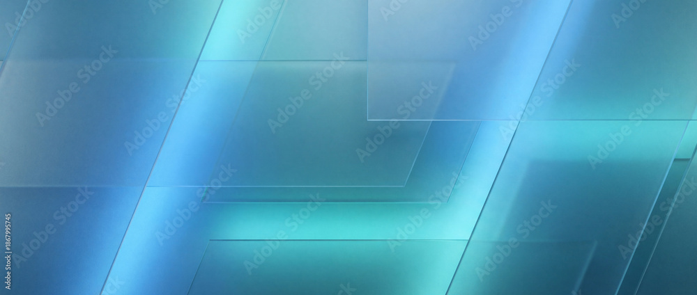 Obraz premium Layered frosted glass panels glowing blue teal light abstract background