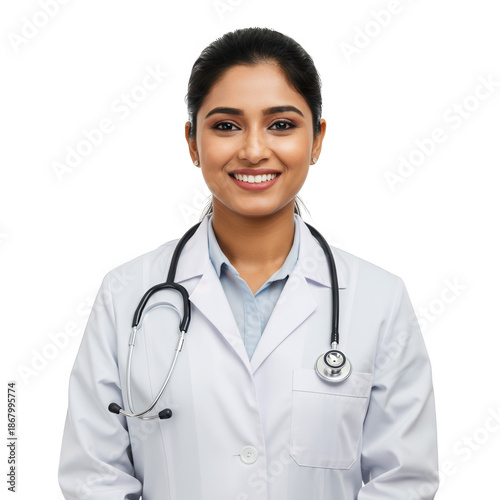 Smiling indian female doctor in white coat with stethoscope