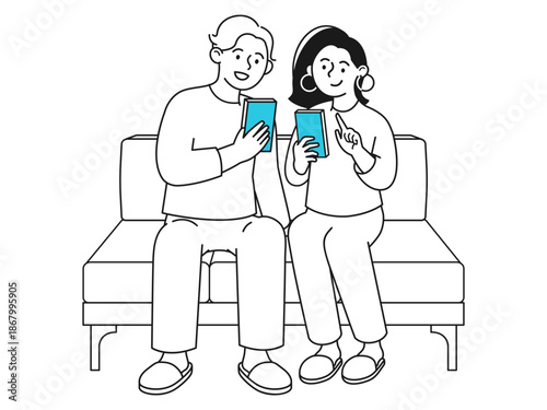 Modern minimal illustration featuring a young couple interacting with a smartphone in a fresh style that appeals to Gen Z and new generations for digital services and brands