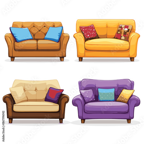 Four cartoon sofas in varying brown shades with colorful cushions , vector style simple color