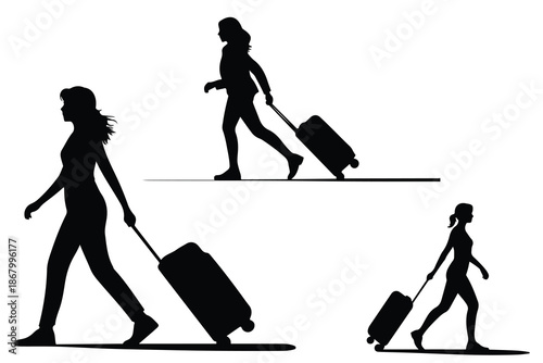 Silhouettes of women with luggage of varying sizes
