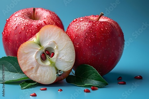 Fresh Red Apples with Water Droplets on Blue Background