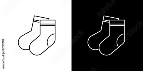 Pair of Simple Line Art Socks on White and Black Backgrounds, Minimalist Icon for Apparel and Clothing Collections