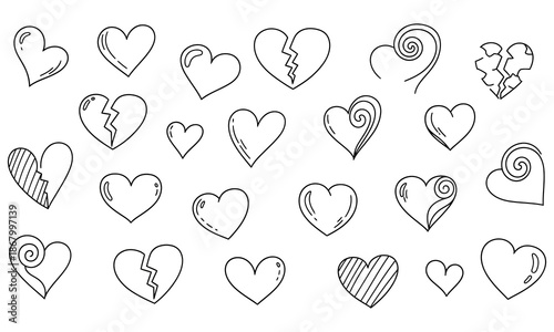 Collection of hand drawn romantic hearts and love symbol sketches