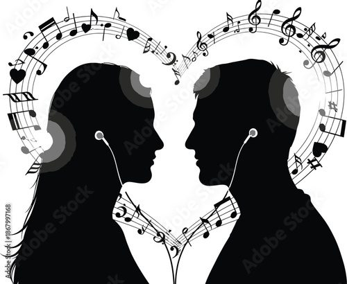 Silhouette of a couple sharing music through earphones, forming a heart shape with musical notes, symbolizing love and connection through sound