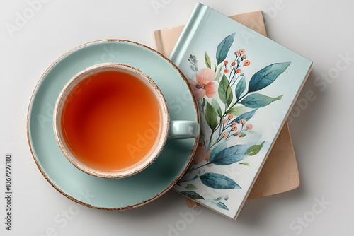 Warm Tea in Turquoise Cup with Floral Notebook on White Surface