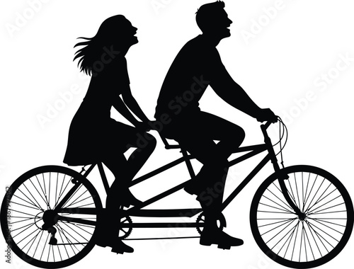 Silhouette of a couple riding a tandem bicycle, isolated on white background