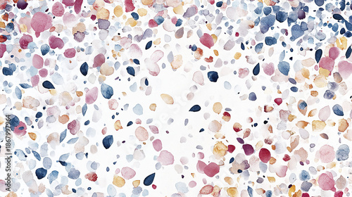 Watercolor pattern with scattered colorful petals and leaves in soft pastel shades creating whimsical and delicate floral design full of gentle emotion and artistic charm