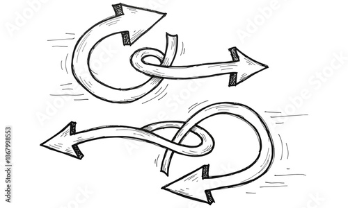 Hand drawn loopy infinite arrows and continuous process cycles