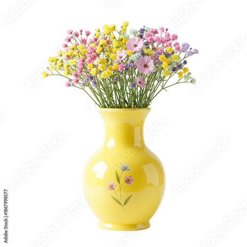 Pastel flower bouquet in a yellow ceramic vase with floral design