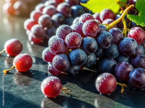 Wallpaper Mural Fresh grapes on wooden table with green leaves and water drops Torontodigital.ca