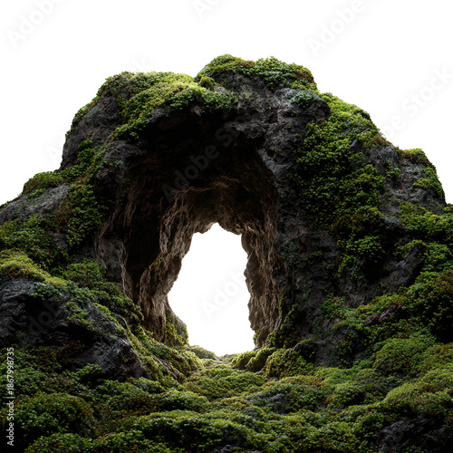 Dark cave entrance in a mossy rock formation transparent background