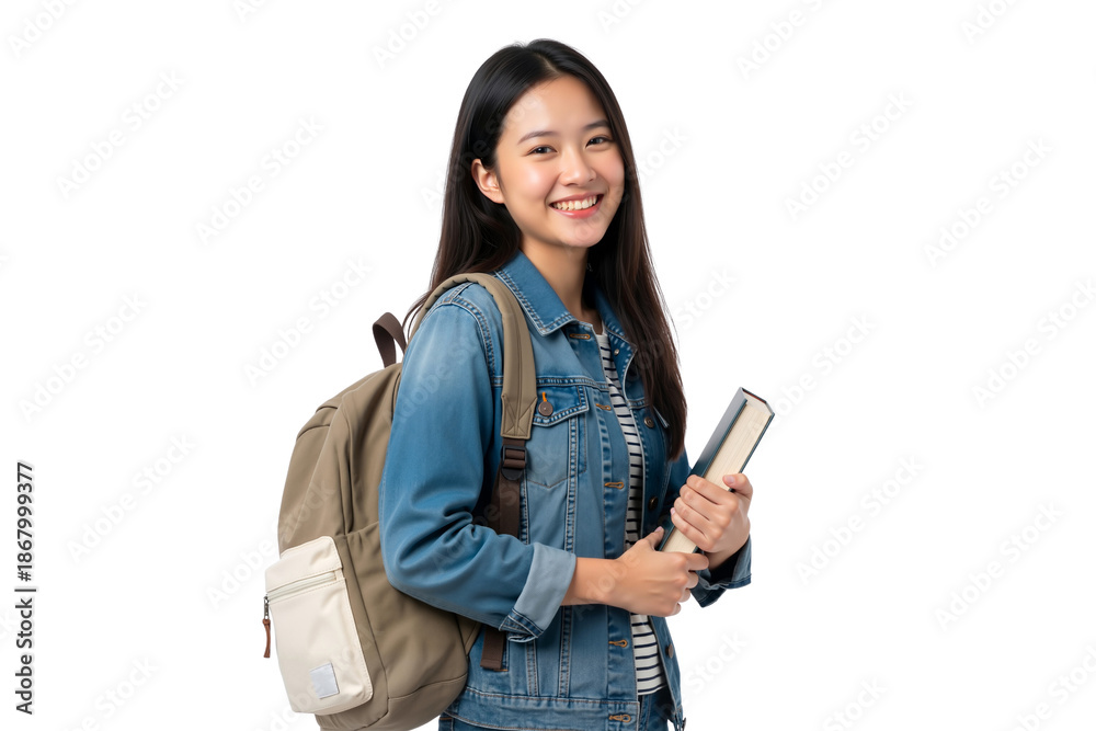 Obraz premium Smiling young Asian female college student holding a book and wearing a backpack, isolated on transparent background