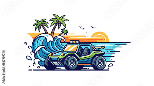 Vibrant beach buggy adventure with ocean waves and palm trees at sunset.