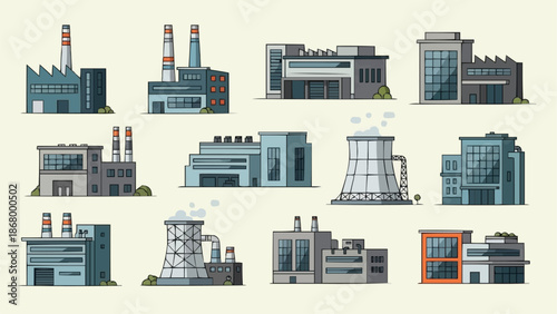 Collection of Industrial Factory Buildings and Power Plants.