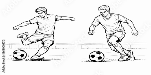 3D vector illustration of two male football players in action as a team, kicking the ball during a competitive sports game with silhouettes of athletes focused on scoring a goal
