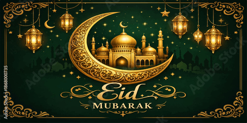 Vector illustration of an Eid Mubarak greeting card featuring a silhouette of a mosque with a dome and tower among city architecture symbols for a cultural religion landmark design