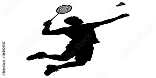 A dynamic black silhouette vector illustration of a professional woman tennis player in action jumping to hit a ball during a high-energy sports fitness competition