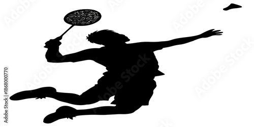 Vector illustration of a black silhouette featuring a boy and girl playing badminton alongside a jumping ballerina dancer in a sport art action pose