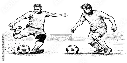Active young athletes and football players in action kick the ball on the field in this vector illustration of a competitive soccer game featuring silhouettes of people and children