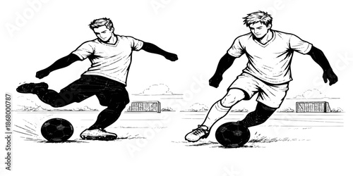 Active soccer player silhouette and athletic football boy illustration kicking a ball in a sports game action vector