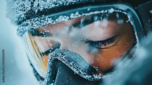 Close-up of a skier with goggles reflecting snowy landscape, capturing intense focus during an exhilarating winter adventure in the mountains